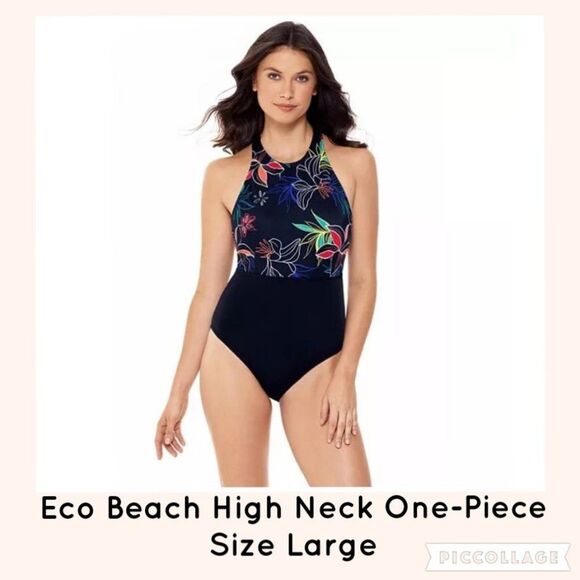 Eco Beach Women's High Neck One-Piece Swimsuit Color Black/Multi Size Large NWT - Picture 1 of 16